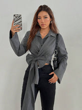 Privé Women Elegant Striped Criss-Cross Tie Front Long Sleeve Blouse